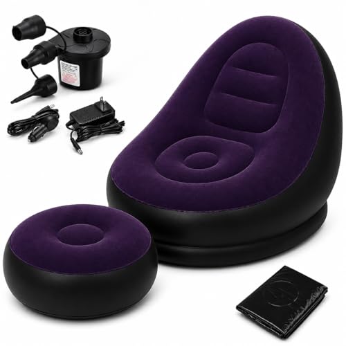 Image of Inflatable Lounge Chair for Adults with Ottoman, Foldable Air Sofa Couch, Portable Blow Up Chair for Living Room Bedroom, Comfortable Indoor Seating, 150 kg Capacity (Purple)