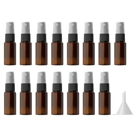 longway 15 PCS Spray Bottles, 0.5oz/15ml Amber Empty Fine Mist Spray Bottle Dispenser with Cap, Small Refillable Liquid Containers with 1pcs Funnel and 18pcs Labels Cover