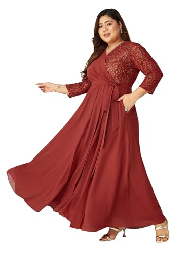 Image of Miss Chase A+ Women's Floral Printed Relaxed Fit V -Neck 3 /4Th Sleeve Georgette Maxi Dress