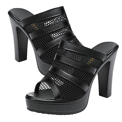 Peep Toe Block Heel Mules Slide Sandals Summer Mesh Breathable Slippers Shoes for Lady Women