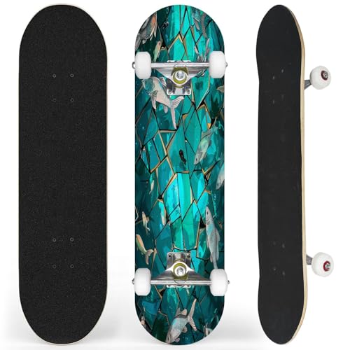 Complete Skateboard with Stained Glass Sea Fish Schooling Poster Beginner Skateboard 7-Layer Maple Wood Double Kick Concave Skateboards for Kids, Adults, Teens 31