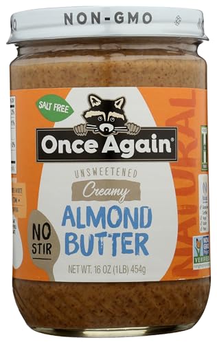 Once Again Natural Creamy Almond Butter, 16oz - American Classic, No Stir - Salt Free, Unsweetened - Gluten Free Certified, Peanut Free, Vegan, Kosher, Paleo - Glass Jar
