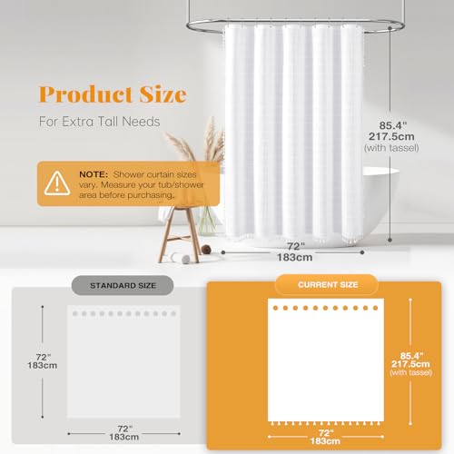 Image of BTTN Extra Long Shower Curtain, 72x84 Inch Long Boho Tassel Linen Fabric Thick Shower Curtain Set with Plastic Hooks, Large Modern Farmhouse Country Textured Cloth Shower Curtains for Bathroom, White