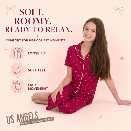 Image of US Angels Girls Pajama Set 3 Piece, Short Sleeve Button Down PJs with Shorts & Pants, Soft Sleepwear Girls & Tweens Size 5-16