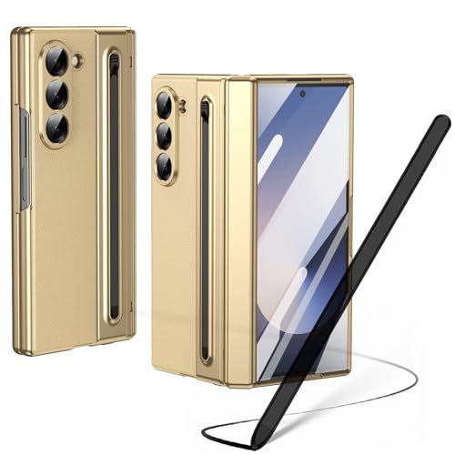 Funda para Galaxy Z Fold6 con Lápiz Óptico, Protector de Pantalla y Ranura para S Pen   Cuero con Bisagra para Samsung Galaxy Z Fold 6   Oro