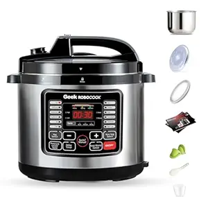 Geek Robocook Nuvo 8 Litre Electric Pressure Cooker, One Touch Instant Cooking, 11-in-1 Function,17 Indian Preset Menu, Automatic Rice Cooker, Slow Cook, Steamer (Stainless steel)