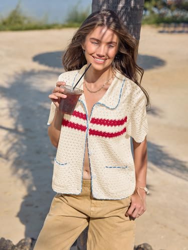 Image of Yousify Womens Casual Summer Short Sleeve Sweaters Button Down Crochet Knit Tops 2026 Loose Cute Cardigan Sweater
