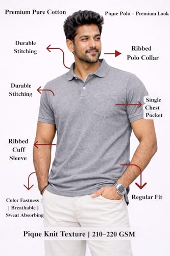 Image of Premium Pique Cotton Pocket Polo T-Shirt for Men | 210-220 GSM | Regular Fit | 2-Button Placket | Soft Breathable Fabric | XS-3XL