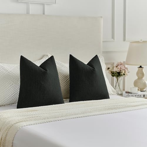 FUTEI Black Chenille Decorative Throw Pillow Covers 20x20 Inch Set of 2,Soft Cozy Faux Linen Textured Cushion Case,Farmhouse Home Decor for Couch Living Room