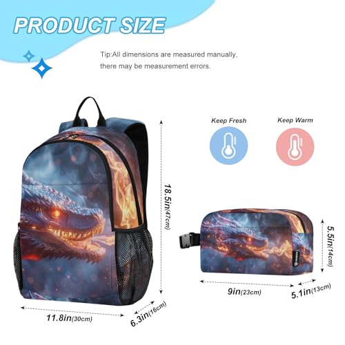 Travel Backpack Lunch Bag Set for Hiking Picnic, Backpacks with Insulated Lunch Box Dragon and Fire Print2