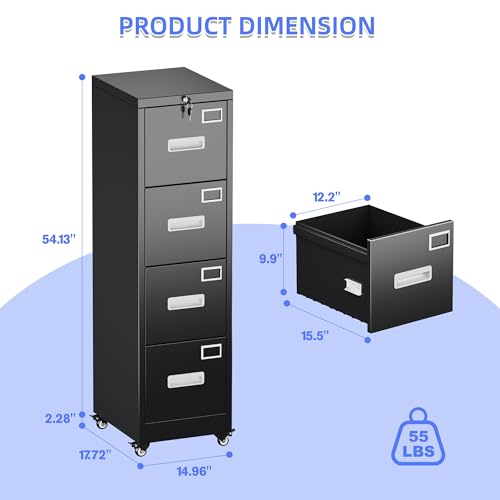 Image of Aobabo 4 Drawer Metal File Cabinet with Lock and Wheels,Black | 15.7 inchD x 17.7 inchW x 53.2 inchH metal filing cabinet for letter /legal files and small office storage.