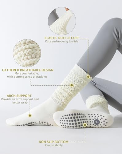 Image of Yawlsow Pilates Socks with Grips for Women Yoga Ruffle Grippy Non Slip Long Slouchy Scrunch Socks for Barre Workout Hospital