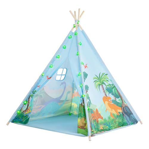 BRINJOY Teepee Tent for Kids, Toddlers Dinosaur Play Tent with LED String Lights, Foldable Children Teepee Tent Toy w/Storage Bag, Indoor Outdoor Pretend Playhouse Gift for Boys Girls Ages 3+