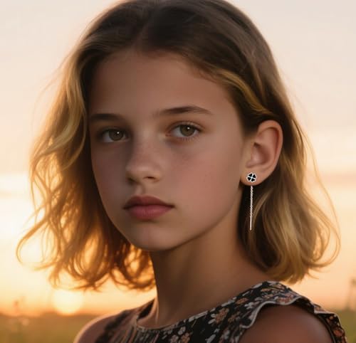 Reffeer Solid 925 Sterling Silver Leaf Clover Dangle Earrings Chain for Women Teens Girls Black Leaf Tassel Drop Earrings Threader St. Patricks Earrings (A-Silver)2