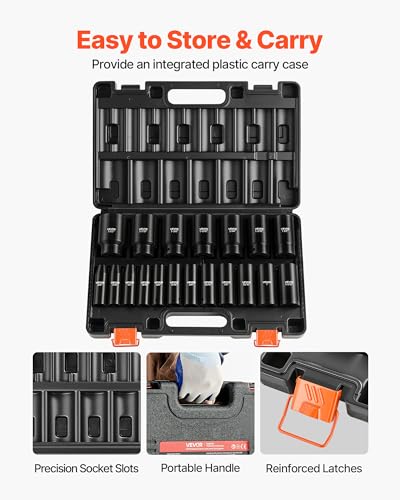 Image of VEVOR Impact Socket Set, 1 /2 inch 19 Piece Impact Sockets, Deep Socket, 6-Point Sockets, 1 /2 inch Drive Set 3 /8 inch to 1-1 /2 inch, Cr-V Rugged Construction, Easy to Identify, with a Sturdy Storage Case, for Vehicles