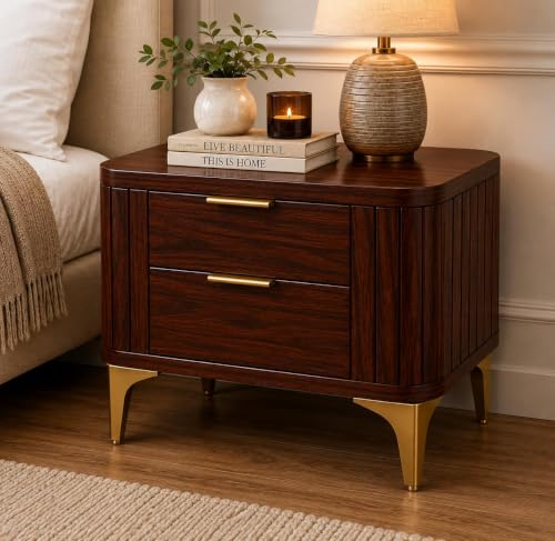 Image of Solid Sheesham Wood Bedside Table for Bedroom & Livingroom | Nightstand End Table with 2 Drawers Storage for Home | Modern & Luxury Design| (Mahoganyn Finish)