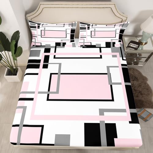 Homewish Sábana bajera ajustable doble rosa y negra, juego de cama moderno geométrico cuadrado para adolescentes y adultos, sábanas de retazos abstractos, sábanas contemporáneas de microfibra a rayas