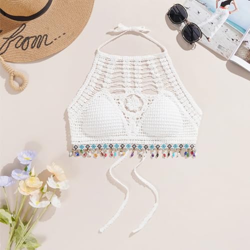 Image of PALAY Women's Summer Beach Backless Crochet Halter Bikini Crop Top Crochet Hollow Out Tassle Embroidery Knit Boho Beachwear