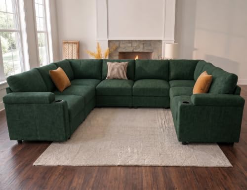Image of Oversized Sectional Couches for Living Room Cloud Couch Chenille Sofa | Chaise Detachable Armrest Cushion FSC Certified U Shaped Convertible Modular Sleeper Sofa (Green, Large U Shape 8 Seat)
