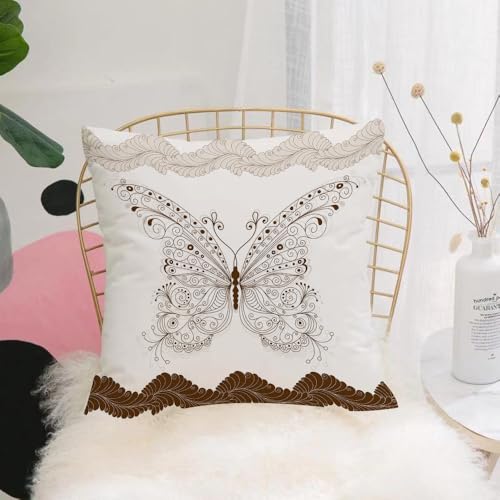 YFHJV Fundas de Almohada 40x40cm - Fundas de Cojines de Calidad con una Suavidad Incomparable - Ideal para Dormitorio - Arte de Mariposa marrón con alas adornadas con remolinos y Puntos, Enmarcado p