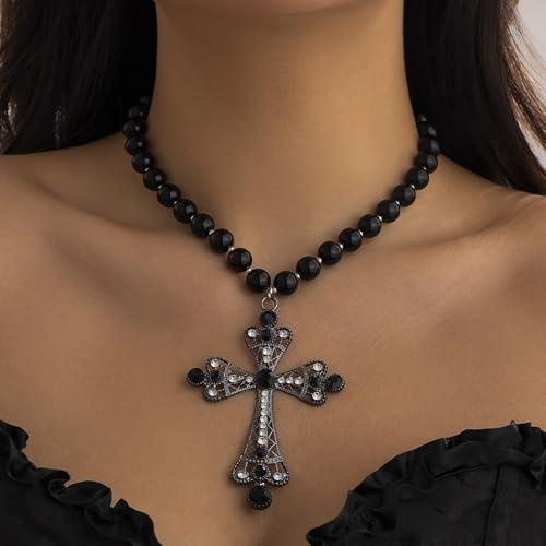 Gothic Necklace Pearl Cross Necklaces Chunky Big Cross Necklace Punk Pearl Pendants Necklaces Vintage Charm Goth Jewelry for Women2