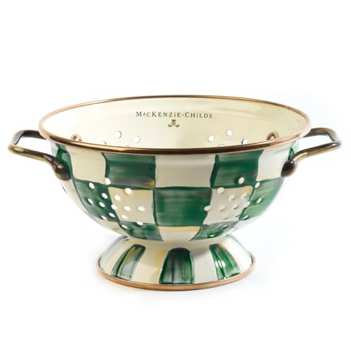 Image of MACKENZIE-CHILDS Enamel Colander, Decorative Kitchen Strainer, Small, Green-and-White Emerald Check