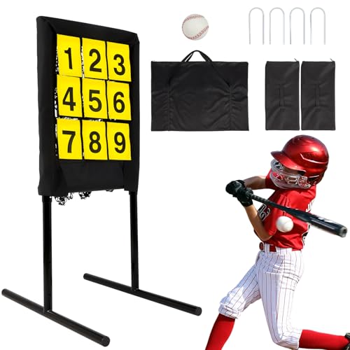 FAHKNS Heavy-Duty Pitching Net 9 Hole Pitching Net with Strike Zone Removable Digital Targets 3 Height Adjustable Throwing Trainer for Baseball & Softball with Ball (Black)