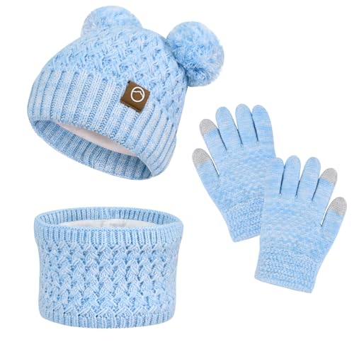 Image of Kids Winter Hat Gloves Scarf Set,Toddler Girls Winter Hat Kids Beanie with Pom Neck Warmer Gaiter Mittens Fleece Lined Set