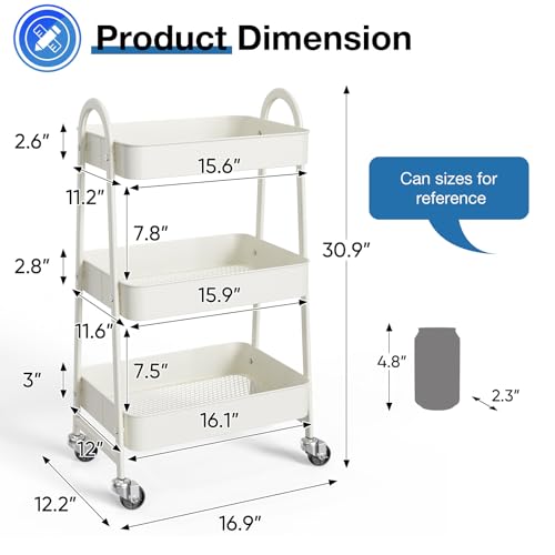 Image of OLIXIS Metal Utility Cart, Mobile Rolling Storage Shelf with Lockable Caster Wheels, Organization for Livingroom, Bathroom & Narrow Places, 3 Tiers White