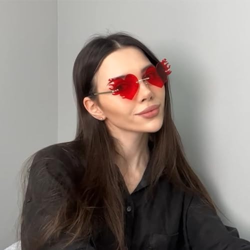 COASION Melting Heart Sunglasses for Women Rimless Party Cute Prom Glasses Fashion Fire Flame Shades3