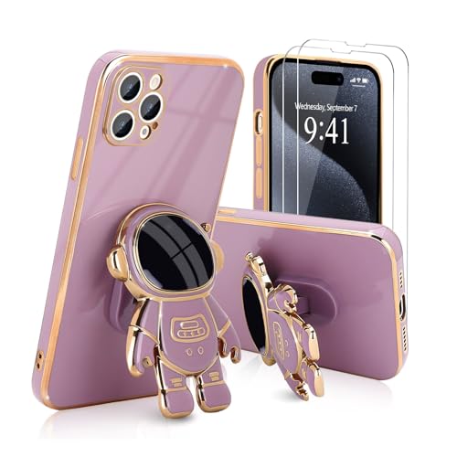 Pepmune for iPhone 15 Pro Max Case, Cute 3D Astronaut Stand with [2 Screen Protector] [Camera Protection] Kickstand Shockproof Silicone Soft Cover for Apple iPhone 15 Pro Max Phone Case, Purple