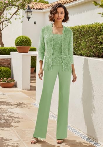 3 Pieces Chiffon Lace Mother of The Bride Pant Suits with Jackets Sequins Wedding Guest Dresses for Women4