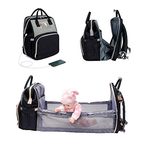 3 in 1 Diaper Bag Backpack Foldable Baby Bed Waterproof Travel Bag with USB Charge Baby Changing Bag (Black-Gray)