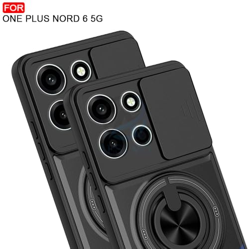 Image of AESTMO OnePlus Nord 6 5G Back Cover | Armor Camera Slider 360 Degree Rotating Finger Ring Holder Case with Bracket Stand Back Case Cover (Compatible with MagSafe Accessories) (Black)