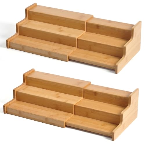 JinDoWin Spice Rack Organizer for Cabinets,Countertop & Pantries,2 Pack | Expandable design, 3-Tier stepped bamboo spice shelf, seasoning organizer, pantry organizers and storage