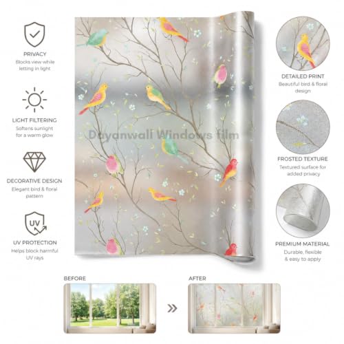 Image of Self Adhesive Window Privacy Film for Glass Windows & Doors | UV Blocking, Heat & Glare Reduction | Decorative Frosted Glass Film Easy to Apply (Bird with Frosted Background, 24X50 Inch)