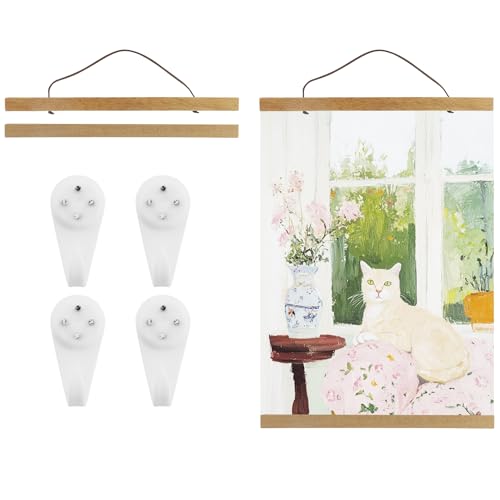 Lot de 2 rails magnétiques A3 de 31 cm avec 4 crochets blancs en teck pour peintures murales, photos, posters, barres en bois, barre de serrage