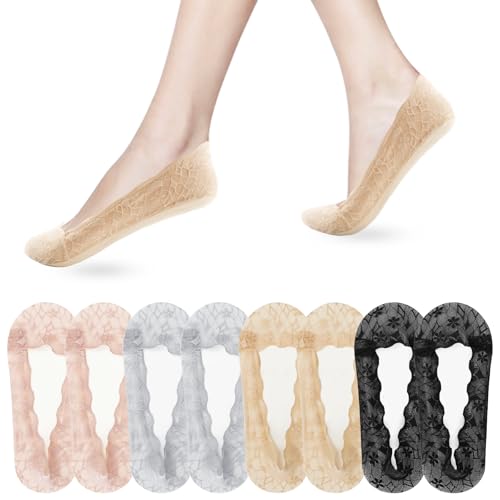 Soleeya 8 Paar FüßLinge Spitzen Ballerina Socken Damen, 35-39 Unsichtbare Socken Damen mit Rutschfest Silikon Atmungsaktiv Spitzensocken (DE/NL/SE/PL, Numerisch, 35, 39, Regular, Regular, Mix)