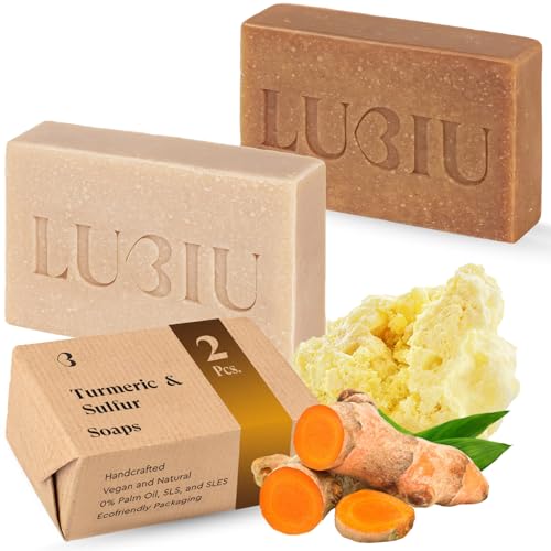 lubiu Set de 2 Jabones Artesanales (2x100g) - Jabon de Azufre & Jabon de Curcuma - Pastillas de Jabón Facial Piel Grasa Mixta y Normales - También Jabones Naturales para Regalar - Jabón para la Cara