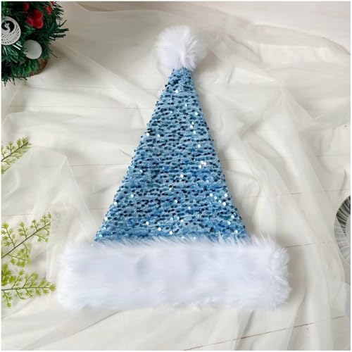 Lake Blue Santa Hat Christmas Hats for Kids and Adults,Shiny Sequin Xmas Hat Unisex Classic Velvet Xmas Holiday Hat,Thicken Luxury Plush Santa Hats Santa Claus Hats for Xmas New Year Party Supplies - Image 3