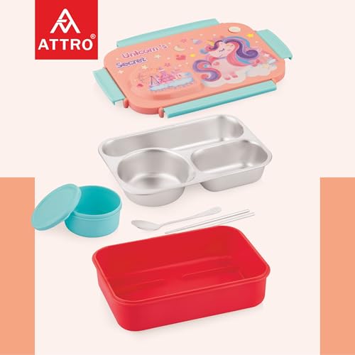 Image of ATTRO School Bite Stainless Steel Lunch Box - 3 Compartment Bento Tiffin, Leak-Proof & Durable, Ideal for Kids, School, Picnic- 750ml+150ml, Peach- Unicorn Theme