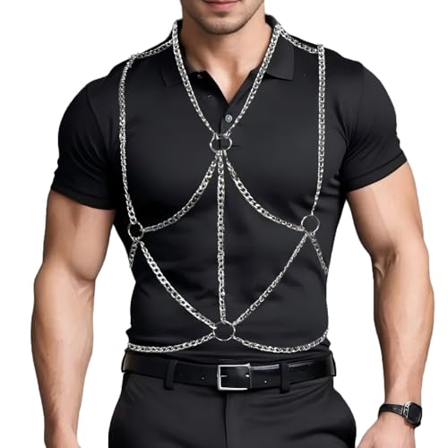 Men's Chest Harness Belt Chain Costume, Body Harness Belt for Men, Male Chest Harness Muscle Show Fashion Uniform for Cosplay Party (Silver)