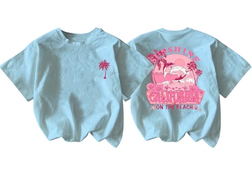 QIXYN Girls Hawaiian Palm Tree Graphic Tee Tropical Ocean Vibes Summer Beach Vacation Short Sleeve Cute Casual Tops