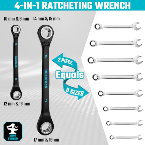 Image of DURATECH 4-in-1 Reversible Ratcheting Box Wrench Set, Metric, 2 Pcs, Black | Double Box End, 8mm, 10mm, 12mm, 13mm & 14mm, 15mm, 17mm, 19mm, CR-V Steel, Black Electrocoat, Rolling Pouch