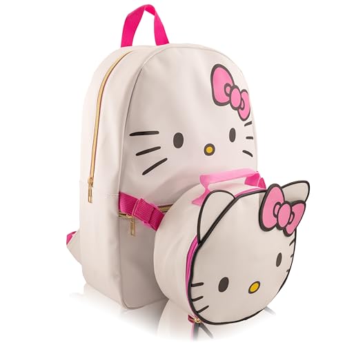 Sanrio Hello Kitty Backpack With Lunch Box for Girls | PU Leather Hello Kitty Insulated Lunch Bag Lunch Box for Girls, Boys, Toddlers | Hello Kitty Pink Backpack for School and Reusable Lunchbox