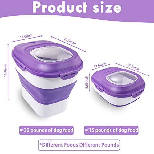 Sut Foldable Food Storage Container With Measuring Cup, Lid&Wheels, 15 Lbs Dog Cat Pet Food Storage Container, 30 Lbs Airtight Cereal Flour Rice Storage Container, Leakproof Sealable Dry Holder,Purple #TOP1