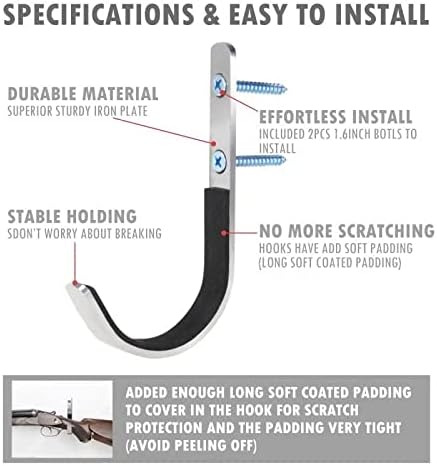 Miniatura 5 de Paquete de 6 ganchos de montaje en pared para rifles de almacenamiento, rifles de escopeta, arco de tiro con arco con acolchado suave y acero