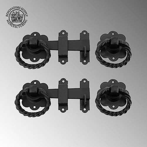 Black Wrought Iron Gate Floral Ring Turn Latch Lock Set 6" W Light Duty Antique Latch Replica Pull Catch for Barn Doors Or Gates with Mounting Hardware Renovators Supply Manufacturing Pack of 2