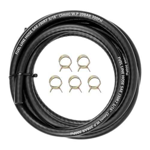 Fuel Line Hose 3/16 ID 20FT With 5PCS Clamps 300PSI High Performance Push Lock Reinforced Rubber NBR Automotive Fuel Line For Lawn Mowers/Cultivator/ATVs Tractors And Other Small Engine Equipment