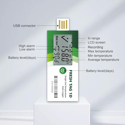 Image of Freshliance Temperature Data Logger with LCD Display, Single Use USB Temperature Recorder with 30000 Points, Auto PDF CSV Report 7Days Cold Chain Transportation Storage, Fresh Tag 1D, 1Pack